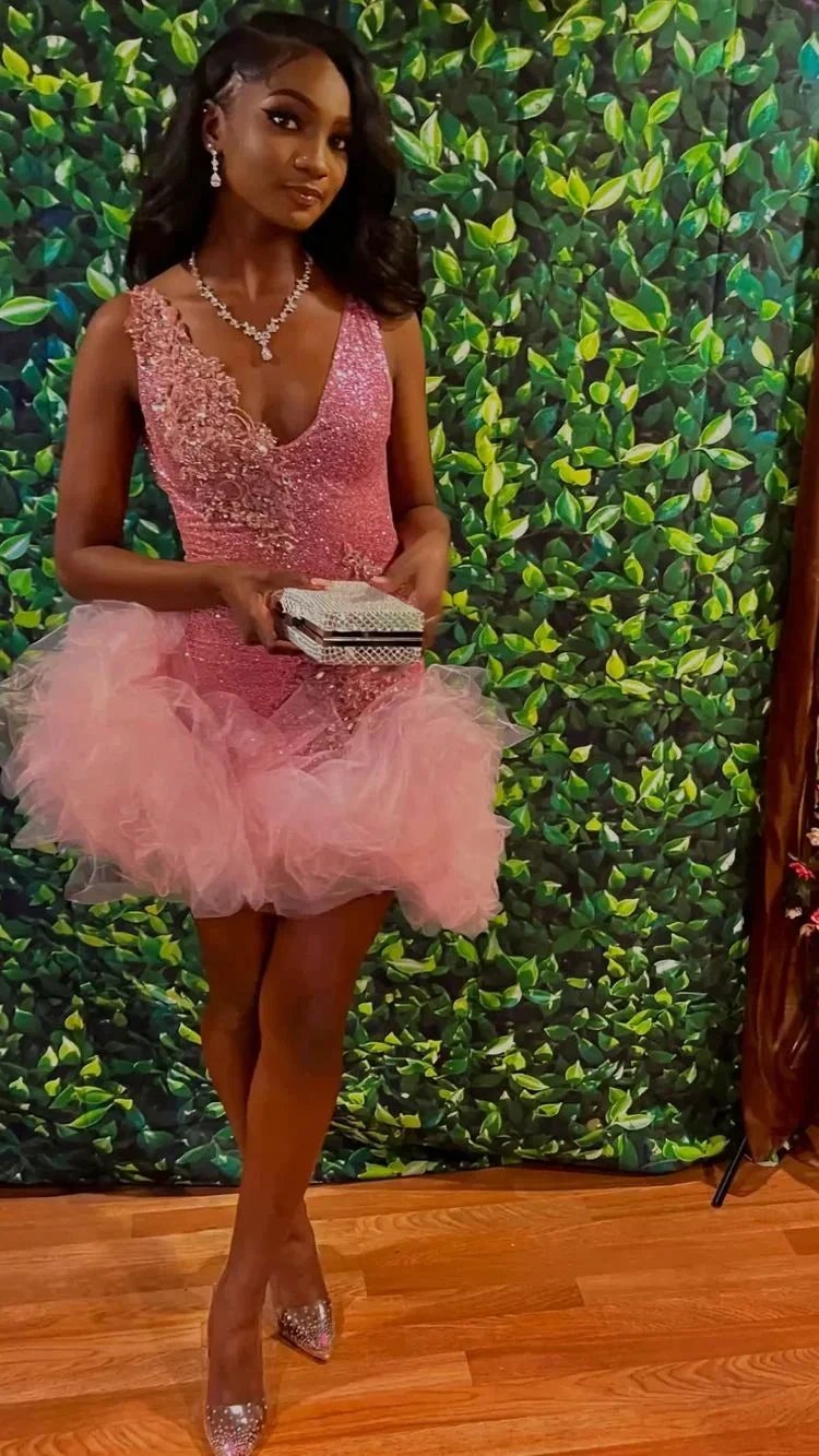 Cute V Neck Pink Short Homecoming Dress and Bottom Tulle Ruffles Pink Birthday Outfit Dress Y762 by simplepromdress