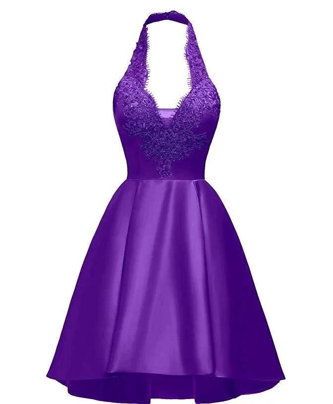 Halter Deep V Neck Satin Appliques Purple Backless Pleated A Line Homecoming Dresses Y854 by simplepromdress