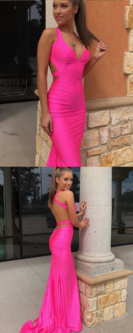 Hot Pink Halter Satin Mermaid Evening Dress Simple Long Prom Dress Y942