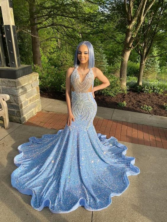 18 birthday outfit evening dress custom made black girl mermaid blue prom gowns Y887 Main Image