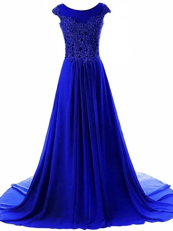 Women's Cap Sleeves Long Chiffon Lace Evening Gown Prom Dresses-Royal Blue Y945 by simplepromdress