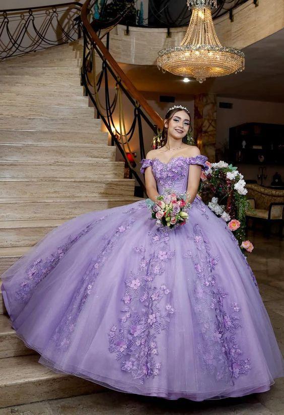 Lavender Off The Shoulder Floral Appliques Ball Gown Sweet 16 Dress ,Lavender Princess Dress Y900 by simplepromdress