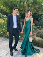 Simple Satin V Neck Mermaid Green Long Prom Dress Green Evening Dress Y852