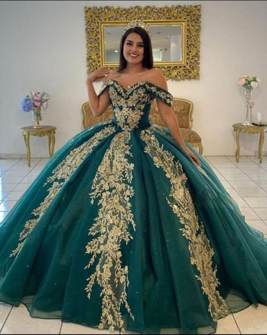 Dunkelgrüne Quinceanera Kleider mit goldenen Paillettenapplikationen und Schleppe Y962