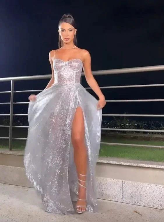 Beautiful Silver Straps Long Evening Dresses With Slit Y1024 by simplepromdress