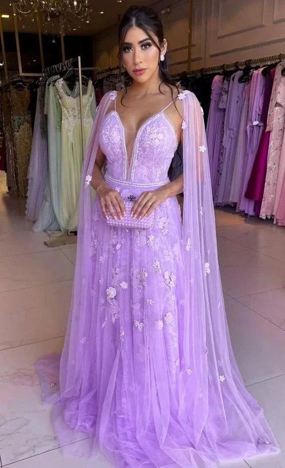 A-line Lavender Lace Tulle Prom Dress Charming A-line Evening Dress Y1022 by simplepromdress
