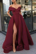 Burgundy v neck satin off shoulder long prom dress burgundy evening dress Y840 by simplepromdress