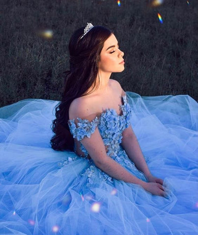 Winter Wonderland Blue Tulle Prom Dress Off The Shoulder Blue Evening Dress  Y1092