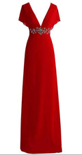 Sexy deep v-neck red evening dress chiffon crystal back formal evening dress gown Y1005 by simplepromdress