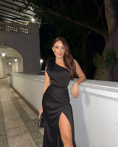 Elegant One Shoulder Black Satin Long Evening Dress With Side Slit Reception Dress Y1058