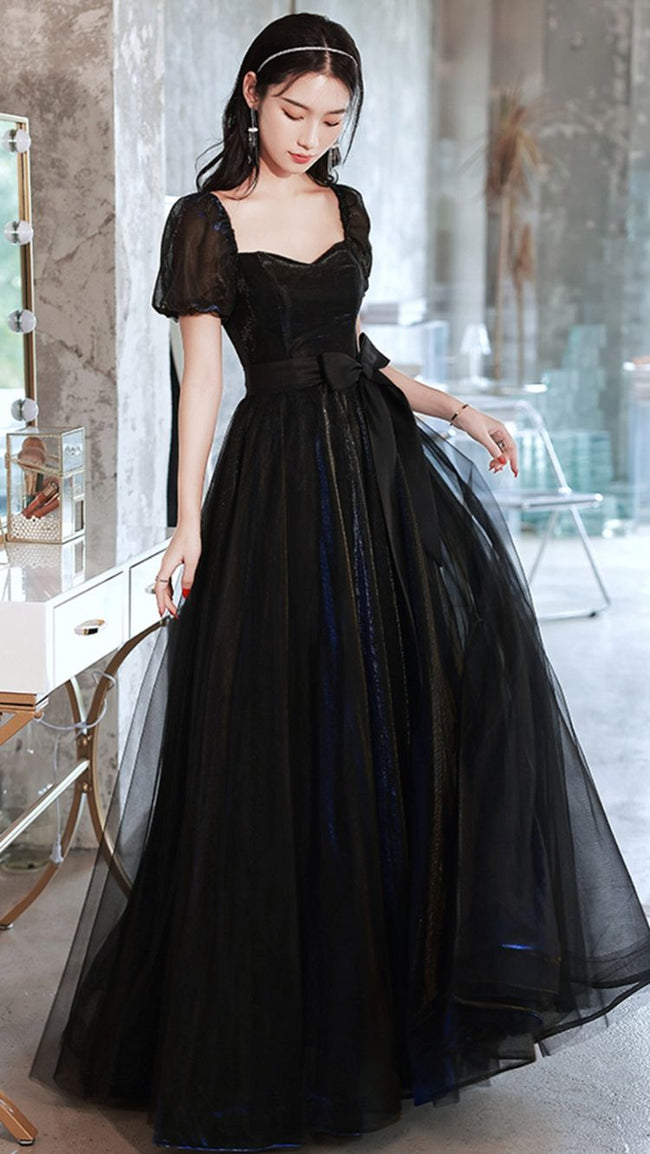 Black Tulle Long Prom Dress A line Evening Dress Y1138 Hover Image