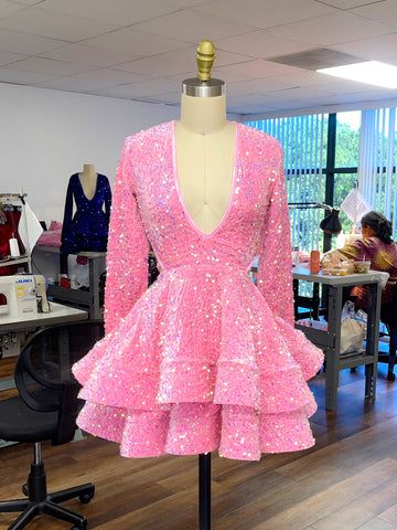 Rosa Cocktailkleider Damen A-Linie V-Ausschnitt Langarm Homecoming Kleid Y788