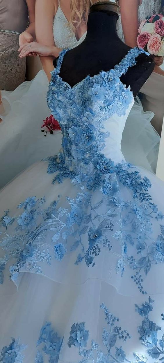 Winter Wonderland Blue Flowers And White Tulle Ball Gown,Sweet 16 Dress Y758 Hover Image