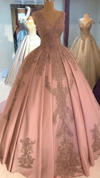 Blush Pink Lace Beaded Quinceanera Dresses Deep V-neck Satin Ball Gown Y1086 by simplepromdress