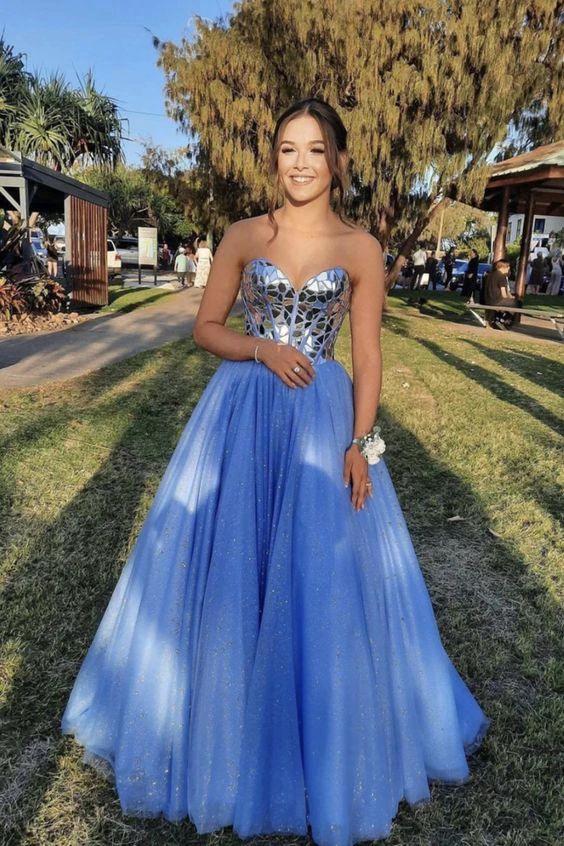 Blue Tulle Sequins Long Prom Dresses A-Line Strapless Evening Dresses Y944 by simplepromdress