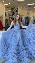 Charming Blue Strapless Tulle Evening Dress With Bottom Ruffles Generous Blue Evening Gown Y812 by simplepromdress