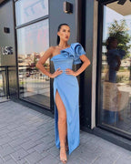 Sheath One Shoulder Blue Satin Ruffled Shoulder Slit Evening Dresses Y1068 by simplepromdress