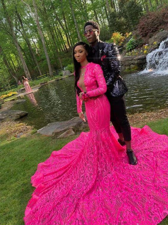 Mermaid Evening Dress Women Long Sleeve Sequin Long Hot Pink Dress Luxury Party Dress For Women Y980 by simplepromdress