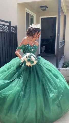 Vestido de princesa de tul verde con hombros descubiertos y encaje, vestido de fiesta verde Y1118