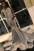 Silver Grey Mermaid Prom Dresses with Beads Crystals Sexy Strapless Sleeveless Formal Evening Gowns Y883 by simplepromdress