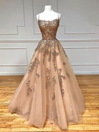Champagne tulle lace long prom dress champagne evening dress Y920