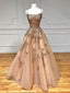Champagne tulle lace long prom dress champagne evening dress Y920