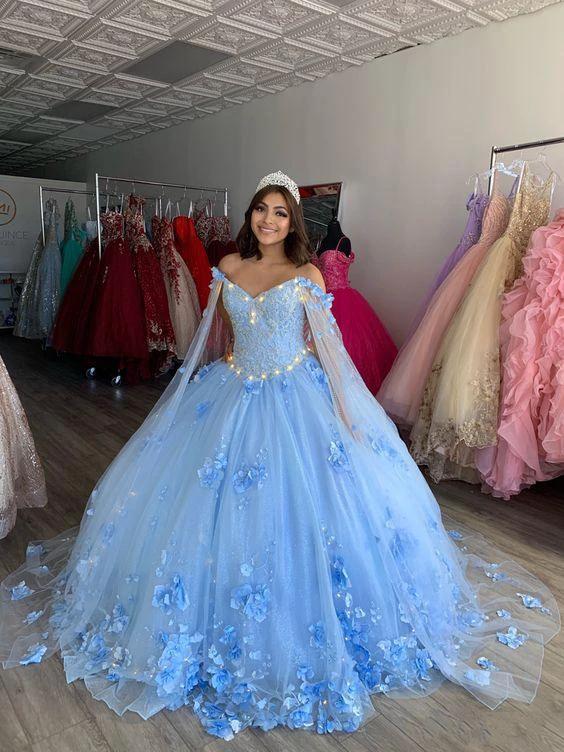 Light Blue Quinceanera Dresses Flowers Ball Gown Off Shoulder Lace Appliques 3d Floral Crystal Beads Long Sleeves Sweet 16 Dress Y759 by simplepromdress