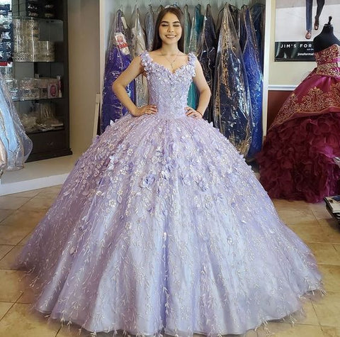 Vestido romántico floral 3D con hombros descubiertos para fiesta de quinceañera Y901