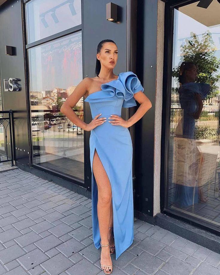 Sheath One Shoulder Blue Satin Ruffled Shoulder Slit Evening Dresses Y1068 by simplepromdress