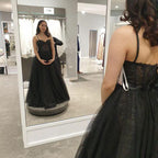 Black A-line Spaghetti Straps Sparkle Illusion Corset Evening Dress Y1016 by simplepromdress