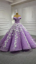 3D Flowers Lilac Sweet 15 Dress Off the Shoulder Quince Dress Luxurious Ball Gown Y906 by simplepromdress