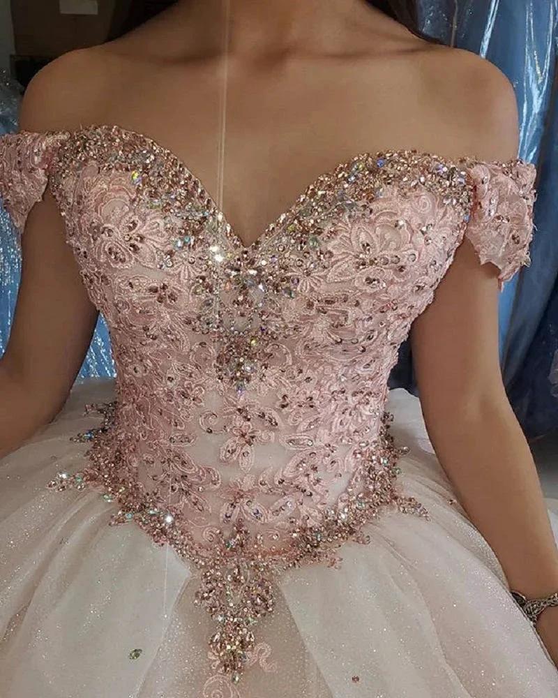 Blush Pink Puffy Sweet 16 Off Shoulder Ball Gowns Sixteen Beaded Crystal Light Pink Tulle Quinceanera Dress Princess Prom Dresses S27021 by simplepromdress