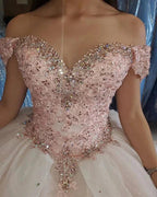 Blush Pink Puffy Sweet 16 Off Shoulder Ball Gowns Sixteen Beaded Crystal Light Pink Tulle Quinceanera Dress Princess Prom Dresses S27021 by simplepromdress