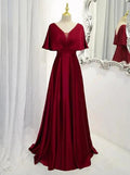 Dark Red Satin A-line Floor Length Evening Dress, Wedding Guest Dresses Y1439 by simplepromdress