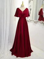 Dark Red Satin A-line Floor Length Evening Dress, Wedding Guest Dresses Y1439 by simplepromdress