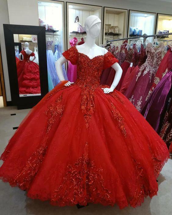 Dark Red Tulle Lace Ball Gown Sweet 16 Dress Y1440 by simplepromdress