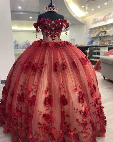 Vestido de quinceañera con hombros descubiertos y flores 3D brillantes, cola, vestido de gala Y1448