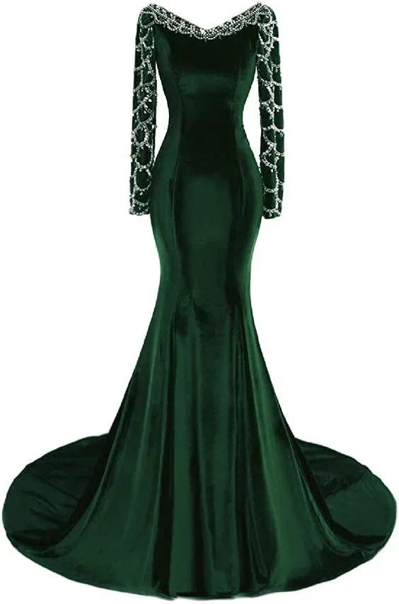 Women's Long Sleeves Mermaid Dark Green Evening Dress Y1444 by simplepromdress