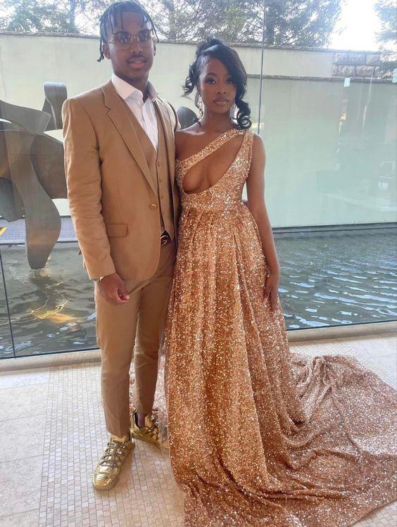 Sparkly Rose Gold Sequin Prom Dress With Train,Sexy Evening Gown Y1436 by simplepromdress
