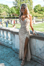 Mermaid Gold Sequins Long Prom Dress with Split,Charming Evening Dress Y1655 by simplepromdress