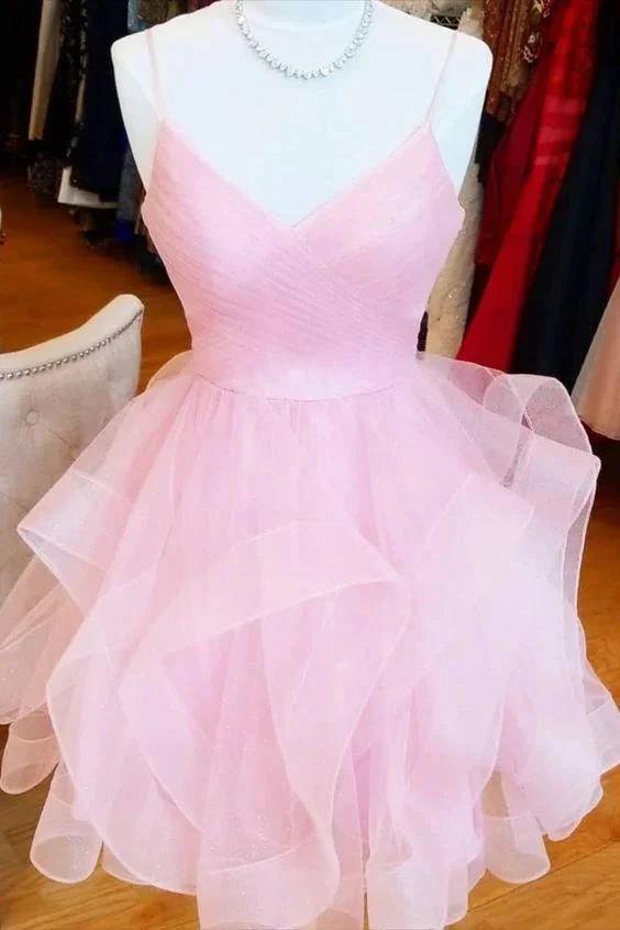 short pink A-line homecoming dress birthday dress with ruffled skirt Y1715 by simplepromdress