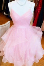 short pink A-line homecoming dress birthday dress with ruffled skirt Y1715 by simplepromdress