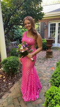 Mermaid One Shoulder Fuchsia Long Prom Dress,Sparkly Evening Dress Y1677 by simplepromdress