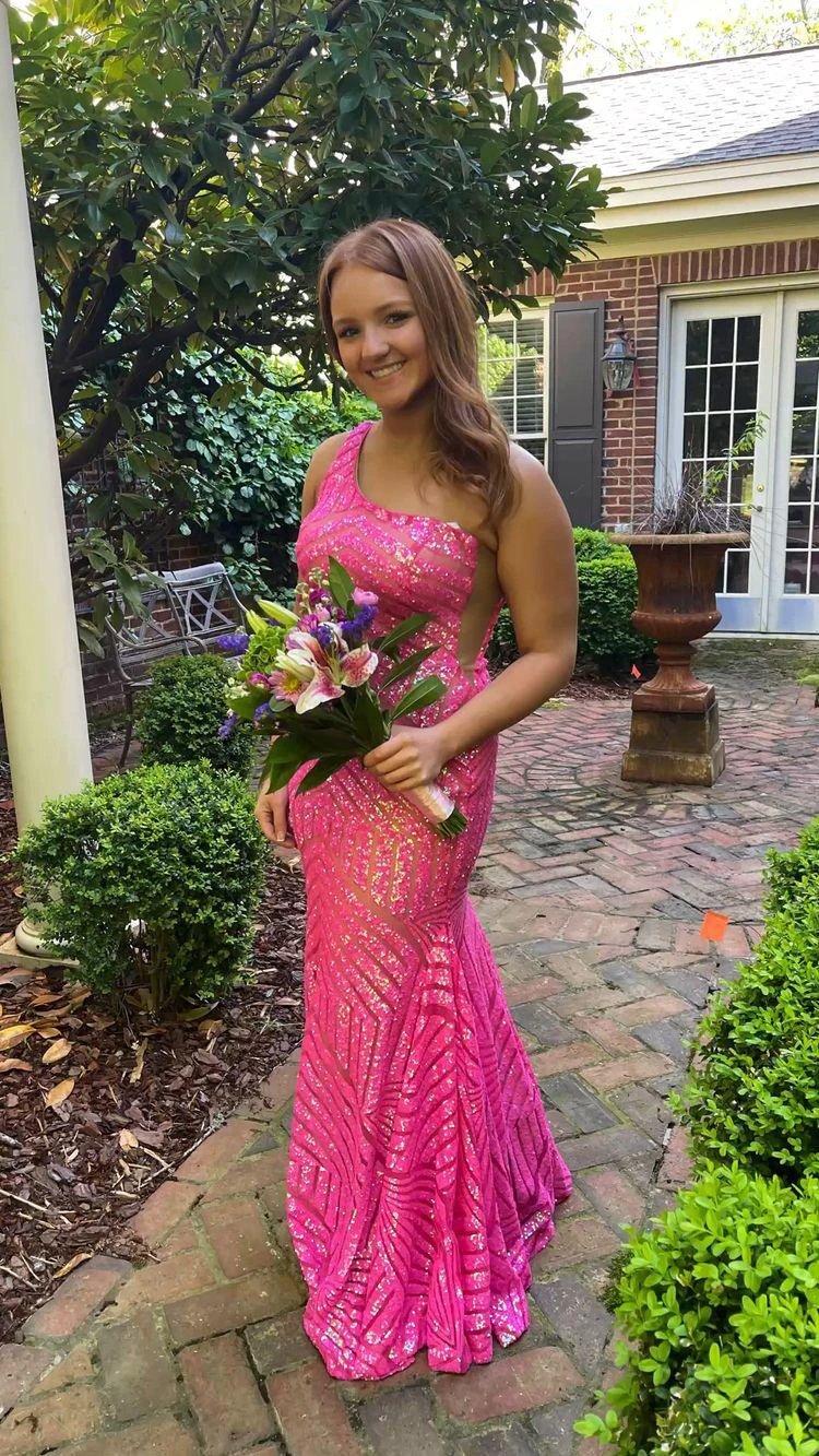Mermaid One Shoulder Fuchsia Long Prom Dress,Sparkly Evening Dress Y1677 by simplepromdress