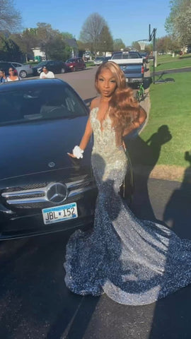 Sparkly Silver Sequins Long Prom Dress Mermaid Evening Dress Y1705