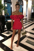 Red Satin Ruffle Sleeve Bardot Mini Dress Homecoming Dress Y1750 by simplepromdress