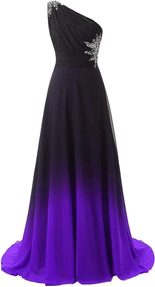 One Shoulder Ombre Long Evening Dresses Chiffon Wedding Party Gowns Y1825 by simplepromdress