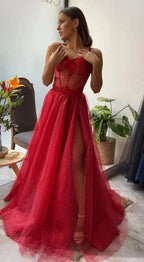 Shiny Sweetheart Neck Red Lace Long Prom Dresses, High Slit Red Lace Formal Dresses, Red Lace Evening Dresses Y1673 by simplepromdress