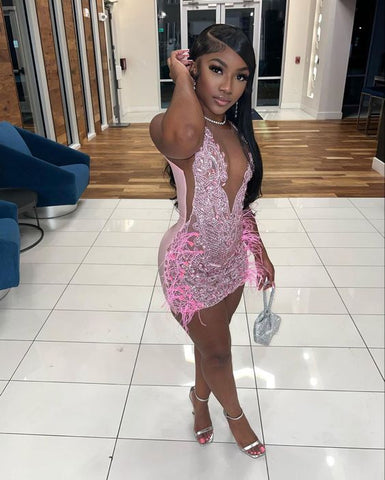 Luxurious Heavy Beaded Pink Homecoming Dress 22nd Birthday Outfit Dress Y1828