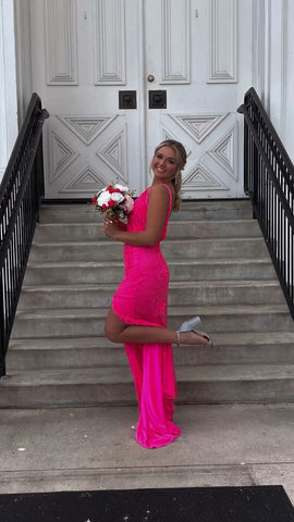 Elegante vestido de fiesta rosa intenso, vestido de noche sin espalda, vestido formal Y1717